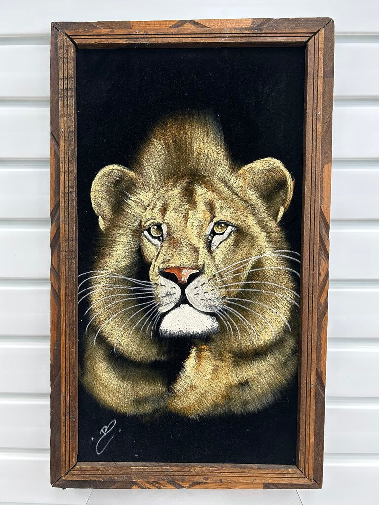 Vintage Black Velvet Lion Painting, Wood Frame