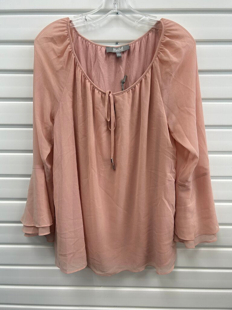 Marled by Reunited Clothing Blush Bell Sleeve Tie-Neck Blouse, Size L, NWT
