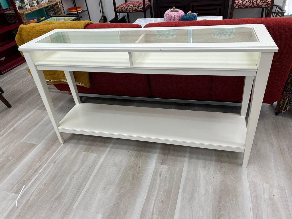 White Console Table with Glass Top and Drawers