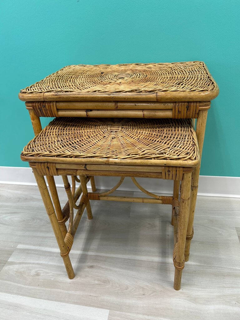 Vintage Bamboo Rattan Wicker Nesting Tables, Set of 2
