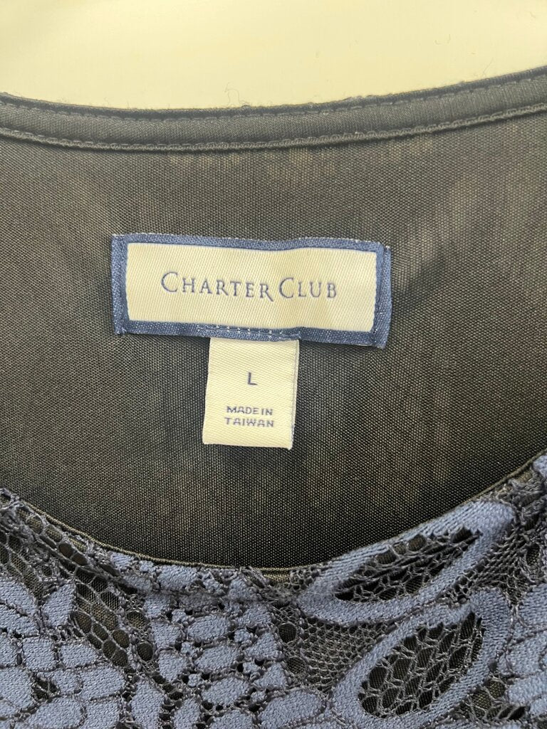Charter Club Navy Lace Crochet Top, Bell Sleeve, Size L