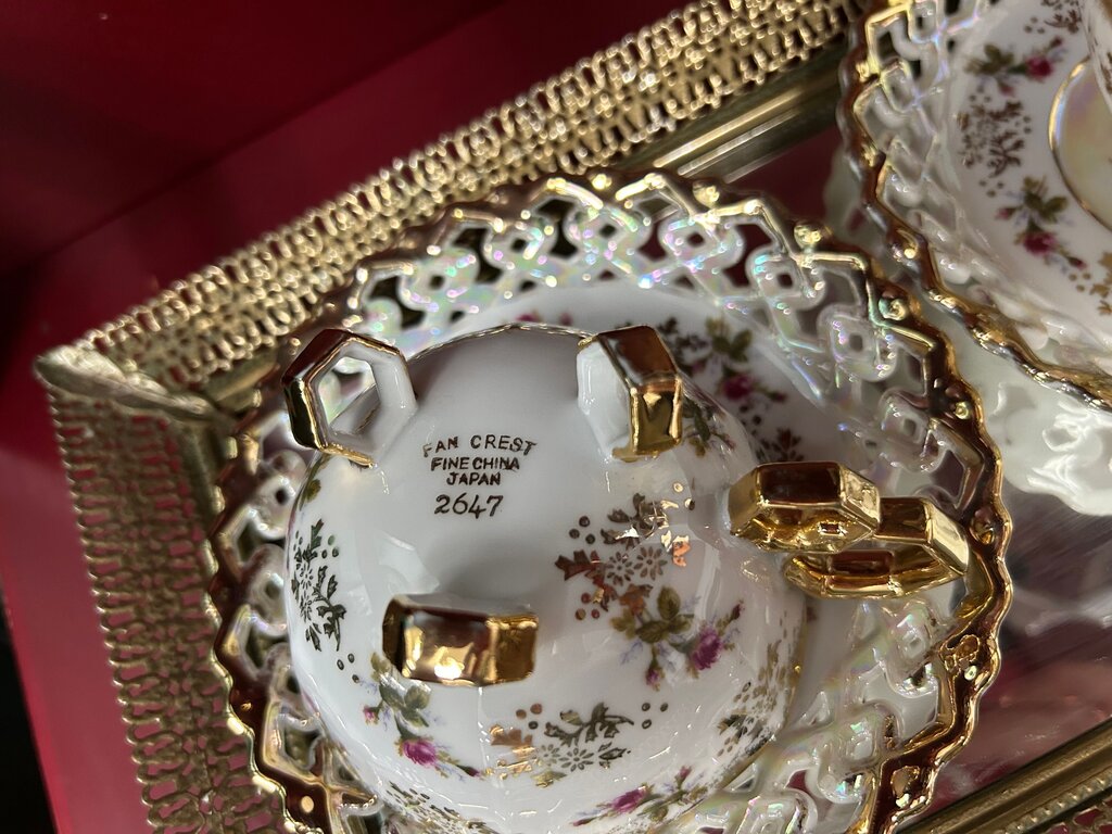 Pair Fan Crest Fine China Teacups