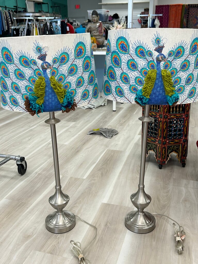 Pair Silver Candlestick Lamps w/ Unique Peacock Shades