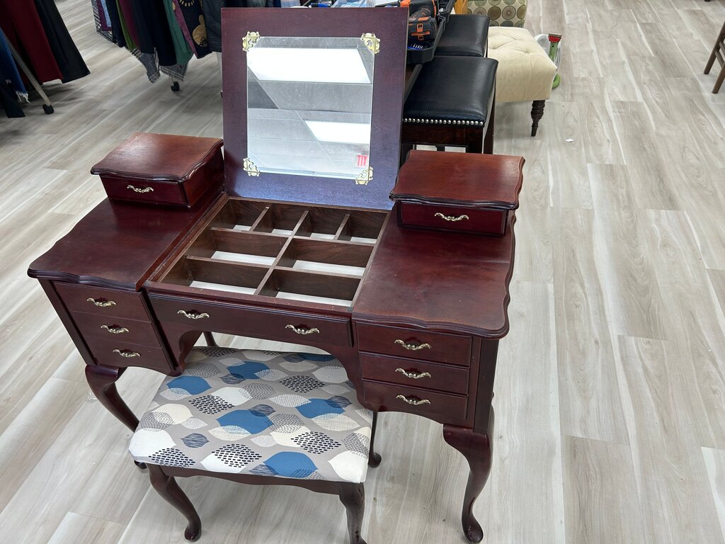 Queen Anne Mahogany Vanity Table with Flip Mirror & Bench