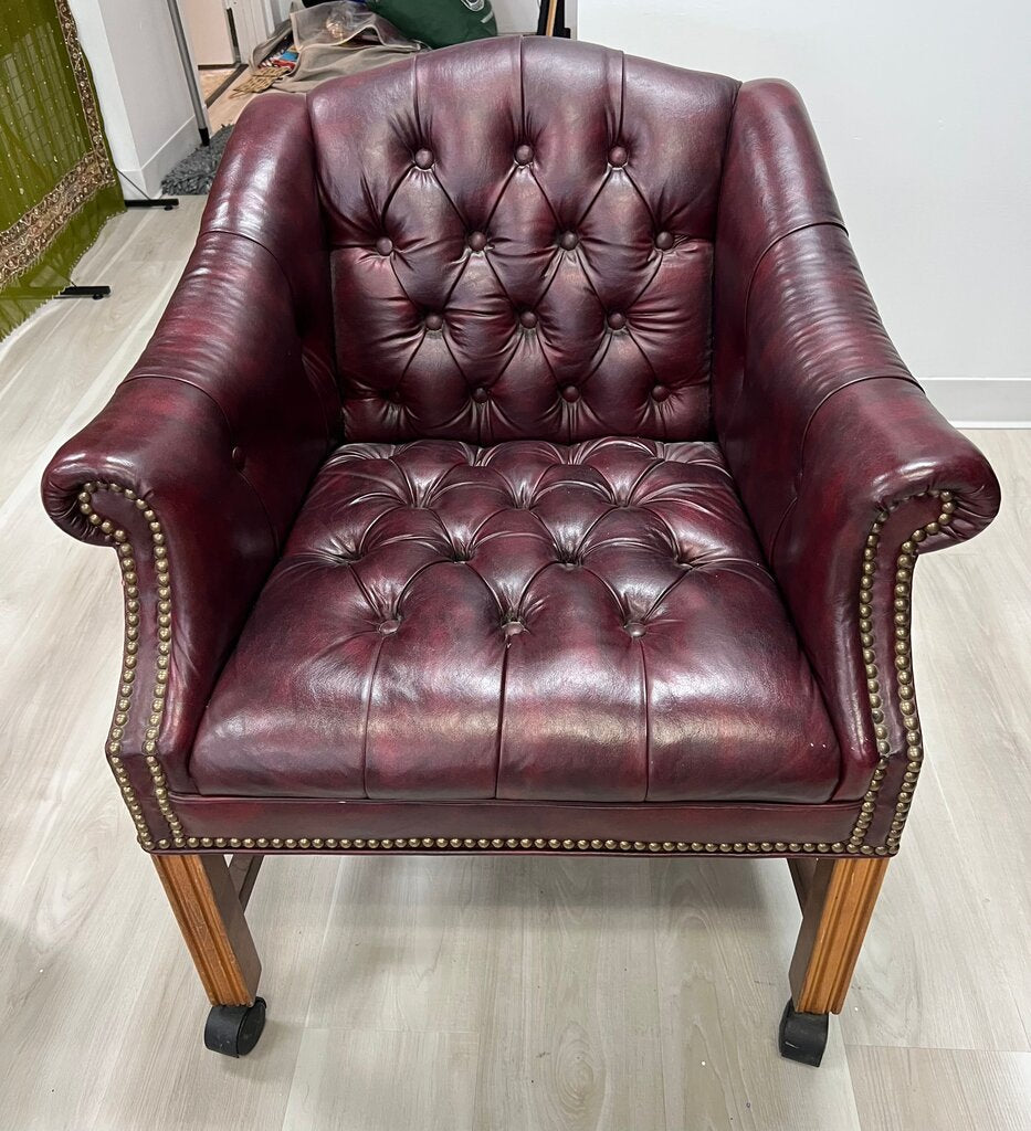 Pair Vintage Tufted Oxblood Leather Barrel Chairs