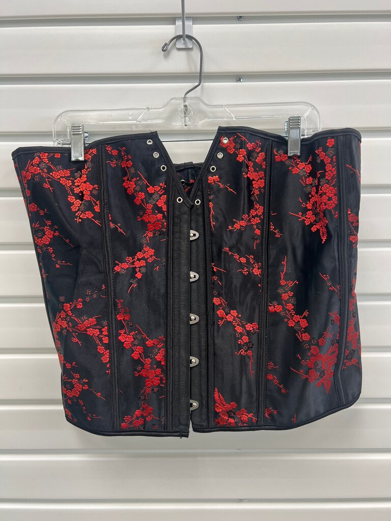 Black Embroidered Corset with Red Floral Design