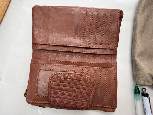 Brown Leather Wallet with Woven Detail