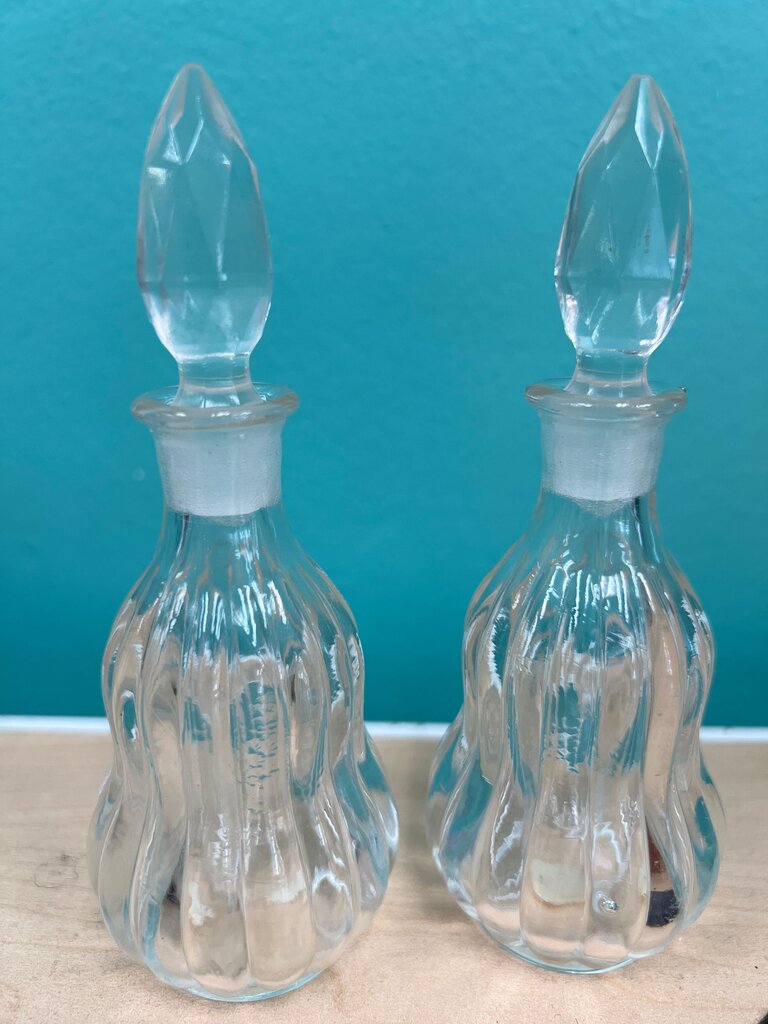 Vintage Glass Cruets, Pair, Faceted Stoppers
