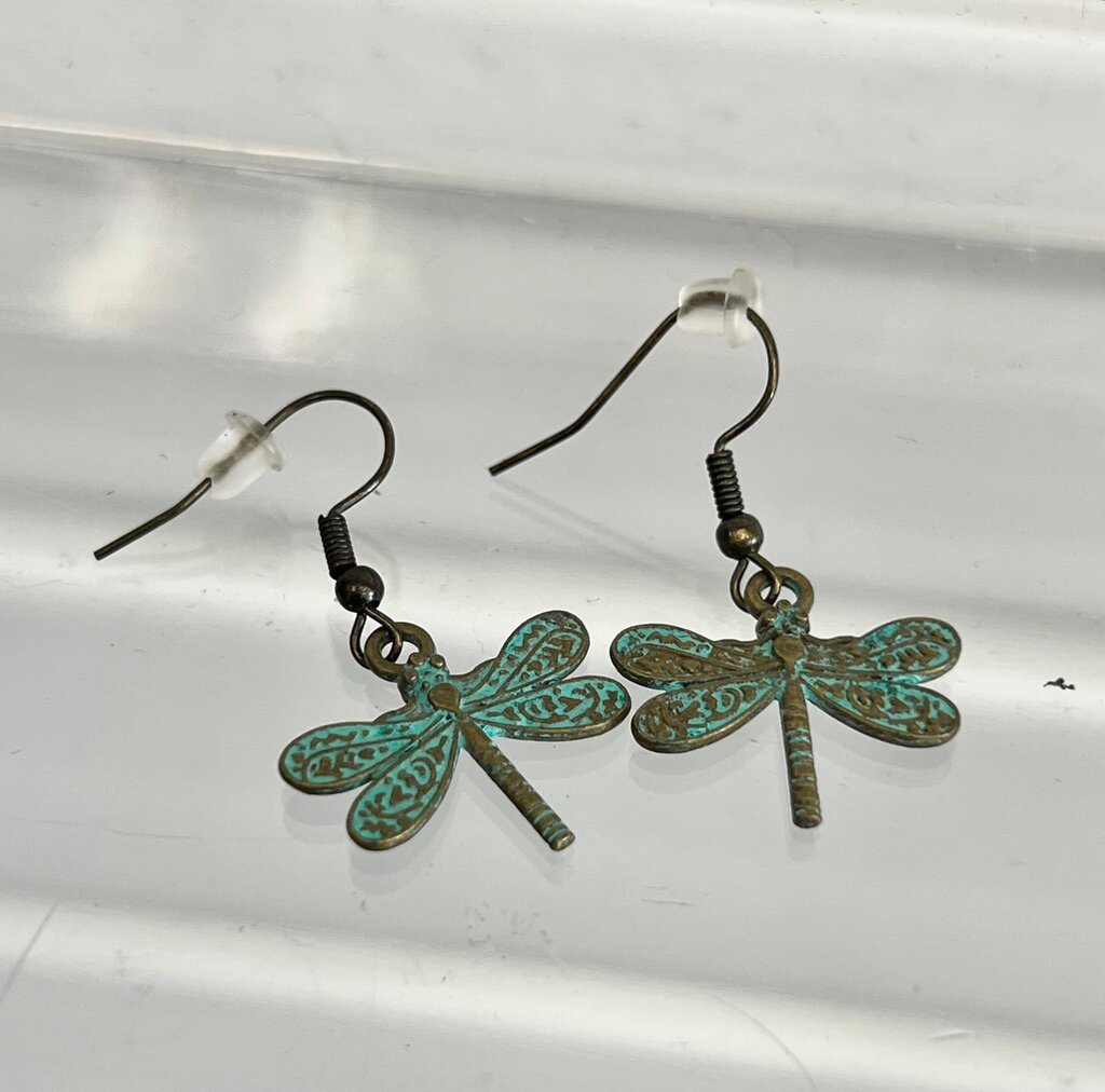 Bronze Verdigris Dragonfly Charm Earrings