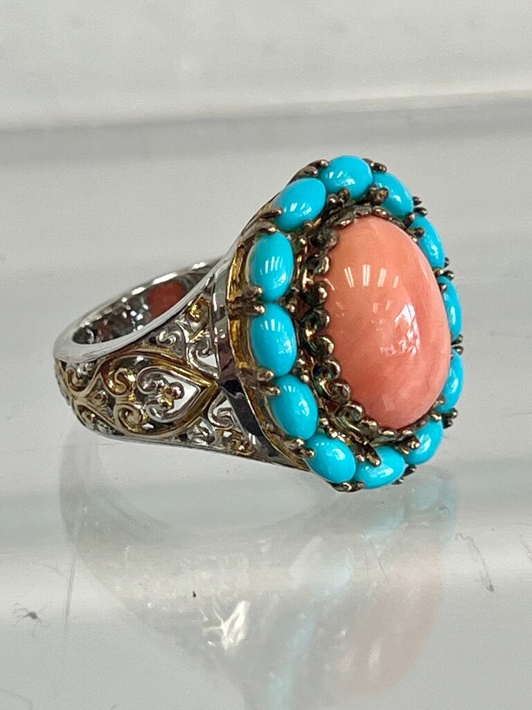 Sterling Turquoise and Coral Statement Ring