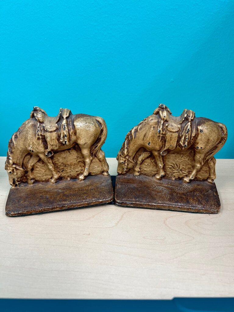 Vintage Cast Metal Grazing Horse & Saddle Bookends