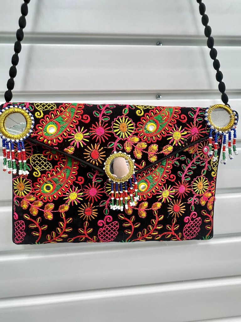 Handmade Indian Banjara-Style Black Multicolor Mirror-Work Embroidered Crossbody Clutch