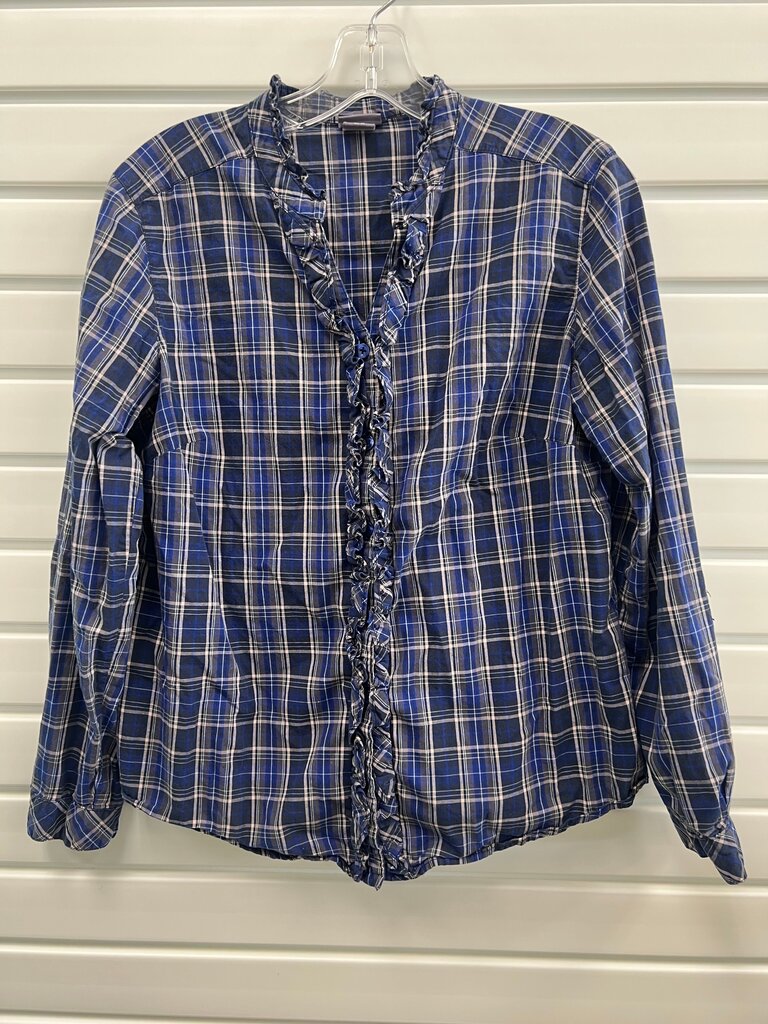Laura Scott Blue and White Plaid Shirt w/ ruffles