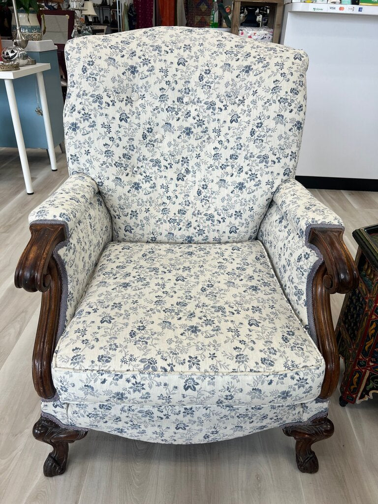 Vintage Wingback Armchair with Carved Wood Arms, Claw Feet & Blue Floral Upholstery