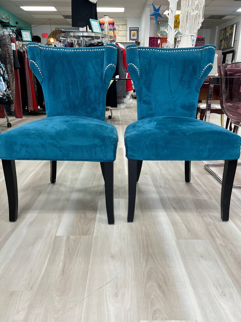 Teal Velvet Nailhead Dining Chairs, Pair