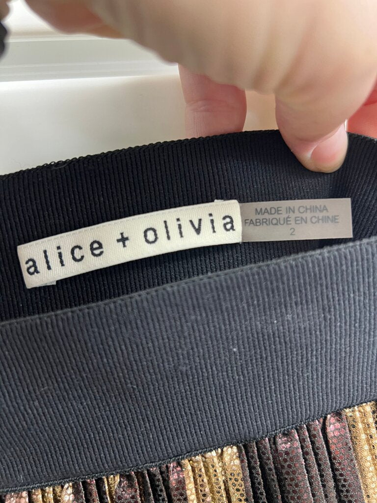 Alice + Olivia Gold Bronze Black Metallic Pleated Midi Skirt Size 2