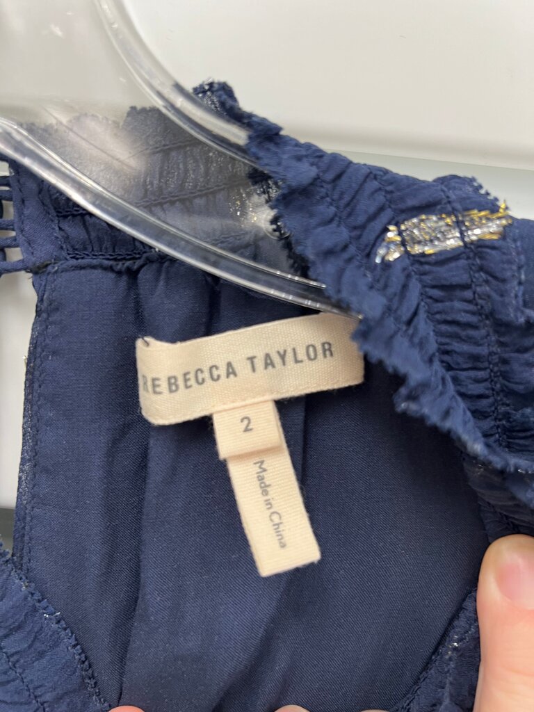Rebecca Taylor Navy Gold Metallic Feather Clip Smocked Ruffle Mini Dress Size 2