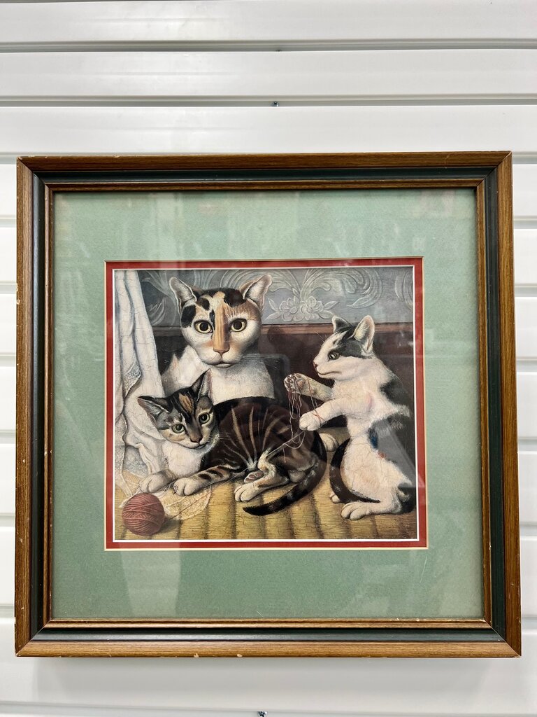 Vintage Framed Cat and Kittens American Folk Art Print Sage Green Mat Wood Frame