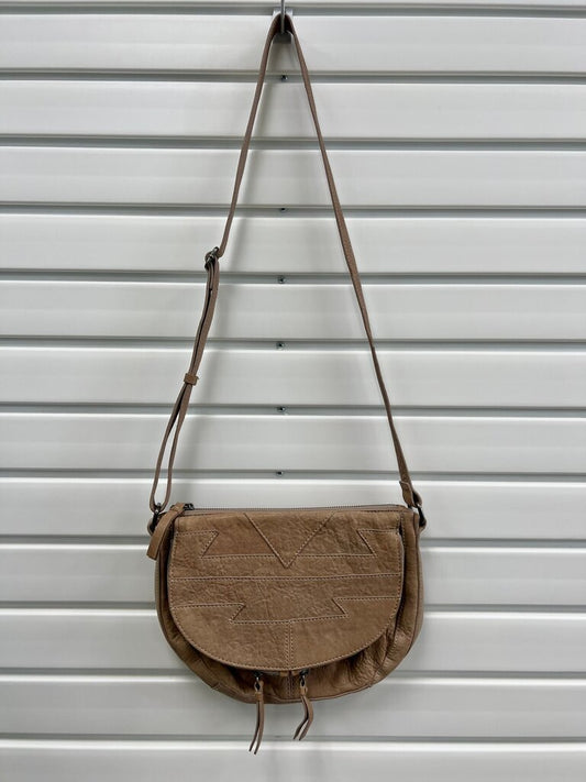 Lucky Brand Taupe Washed Leather Geometric Saddle Crossbody Bag