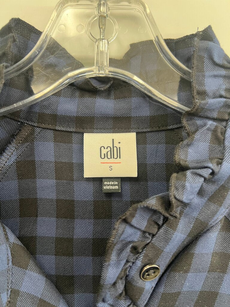 Cabi Aberdeen Navy Check Ruffle Blouse S