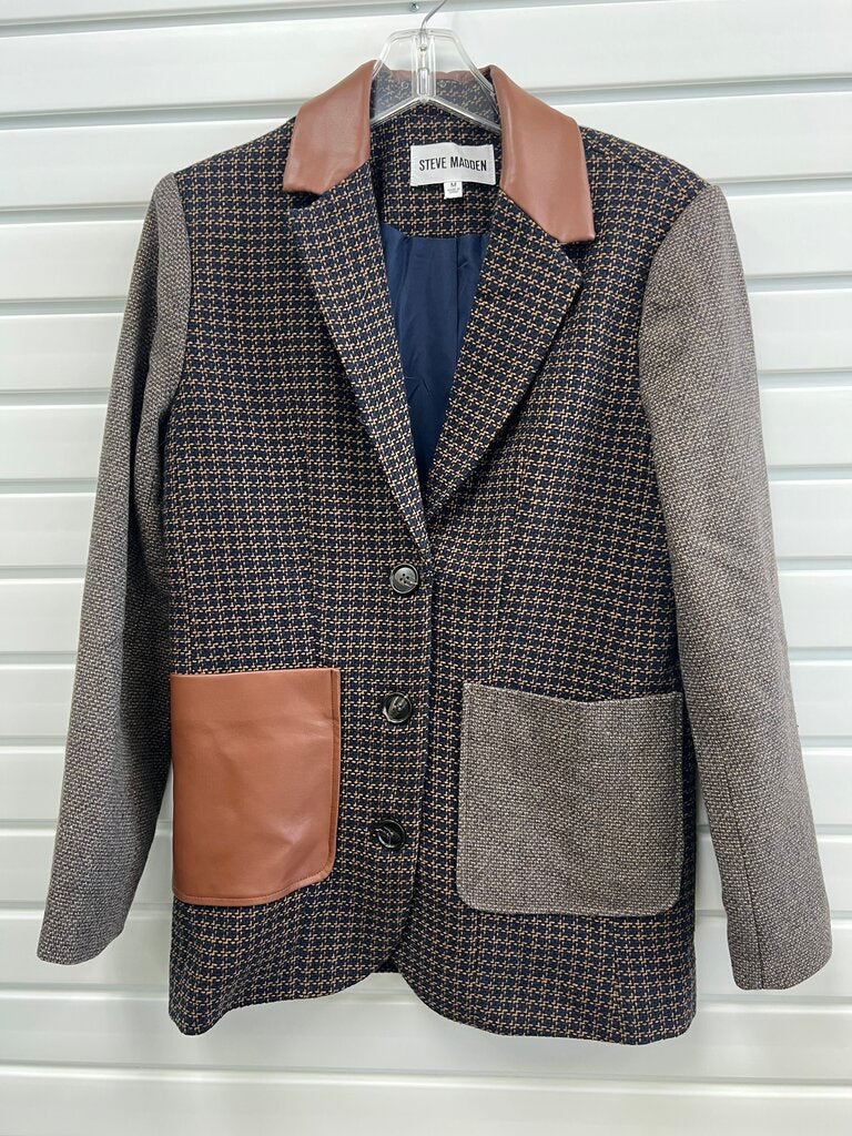 Steve Madden Kelly Mixed Media Tweed Blazer – Navy Camel Houndstooth, Faux Leather Collar & Pocket, Patchwork – Women’s M