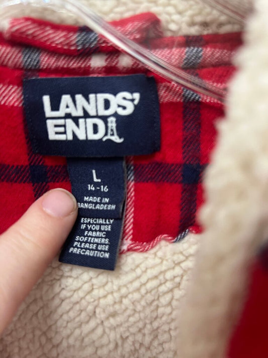 Lands’ End Red Plaid Sherpa Lined Hooded Flannel Shacket