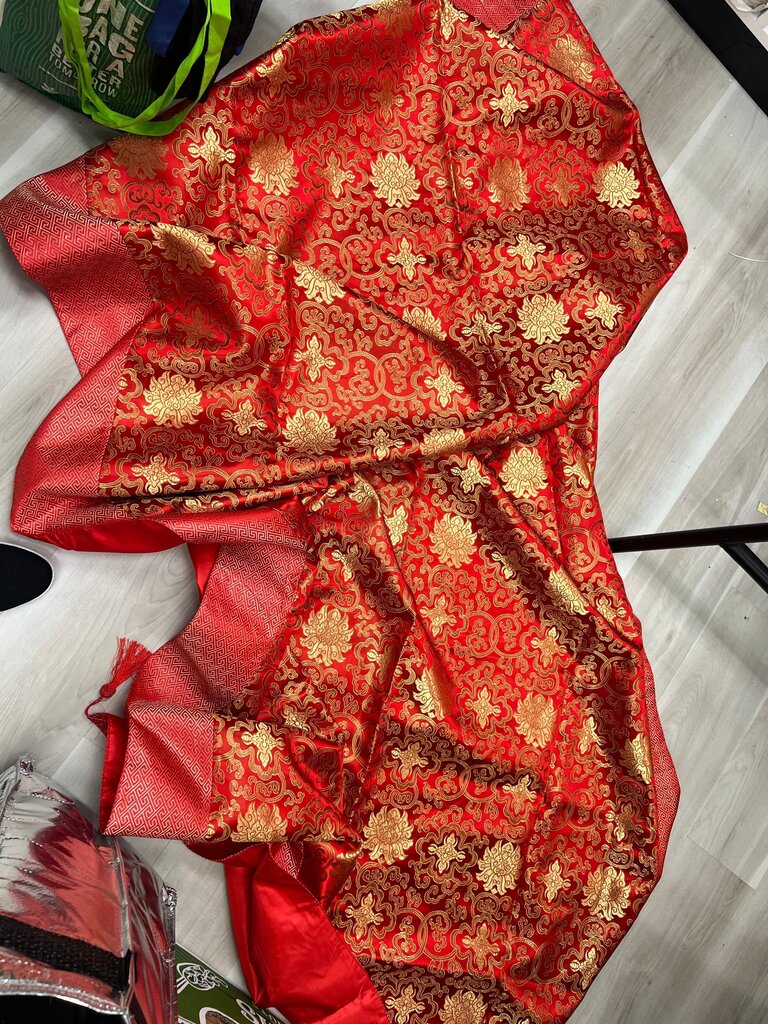 Red Gold Lotus Brocade Tablecloth 88x53 with Tassels