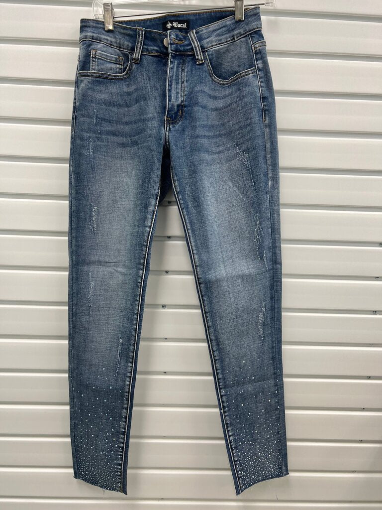 Vocal Rhinestone Embellished Skinny Jeans Raw Hem Size M