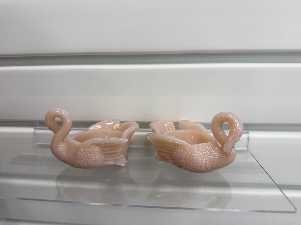 Pair of Pink Opalescent Glass Swan Figurines/Salt Cellars