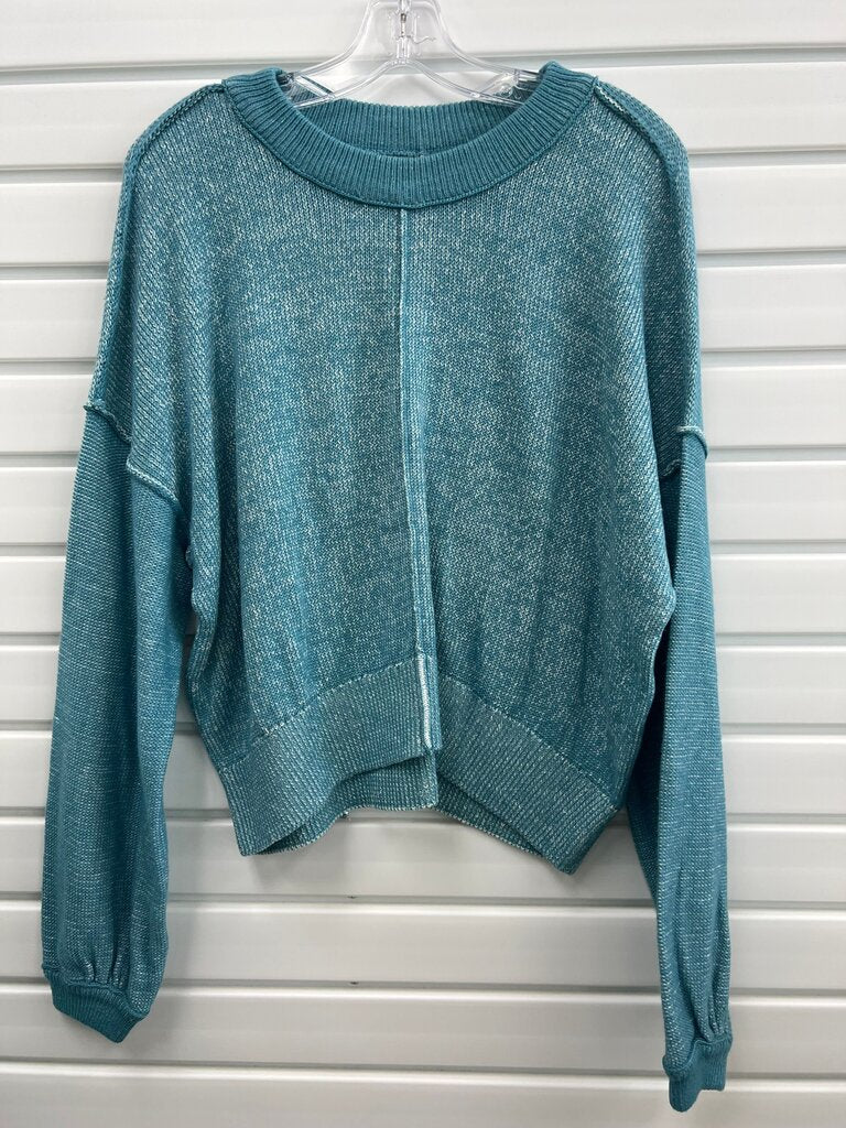 SO Teal Exposed Seam Cropped Balloon Sleeve Sweater