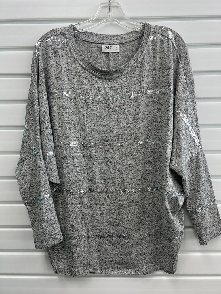 24/7 Maurices Gray Sequin Stripe Dolman Sleeve Knit Top