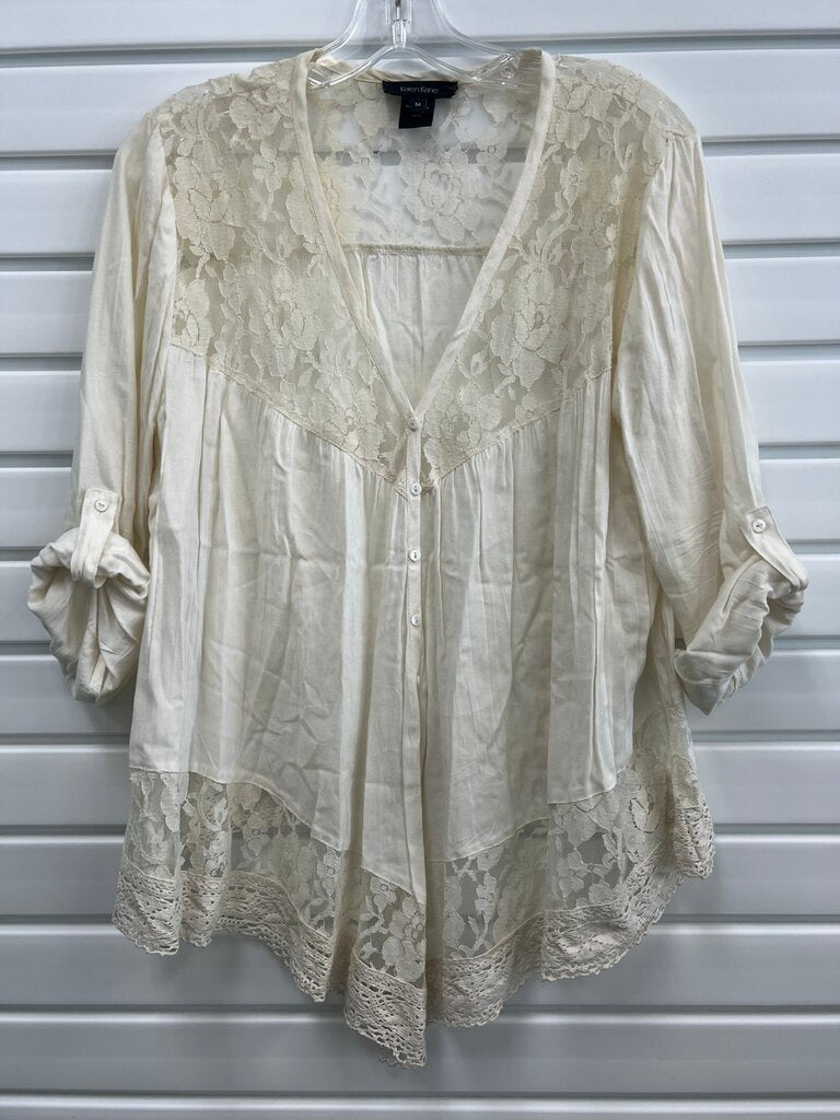 Karen Kane Cream Lace Yoke Peasant Top Crochet Hem Button Front M