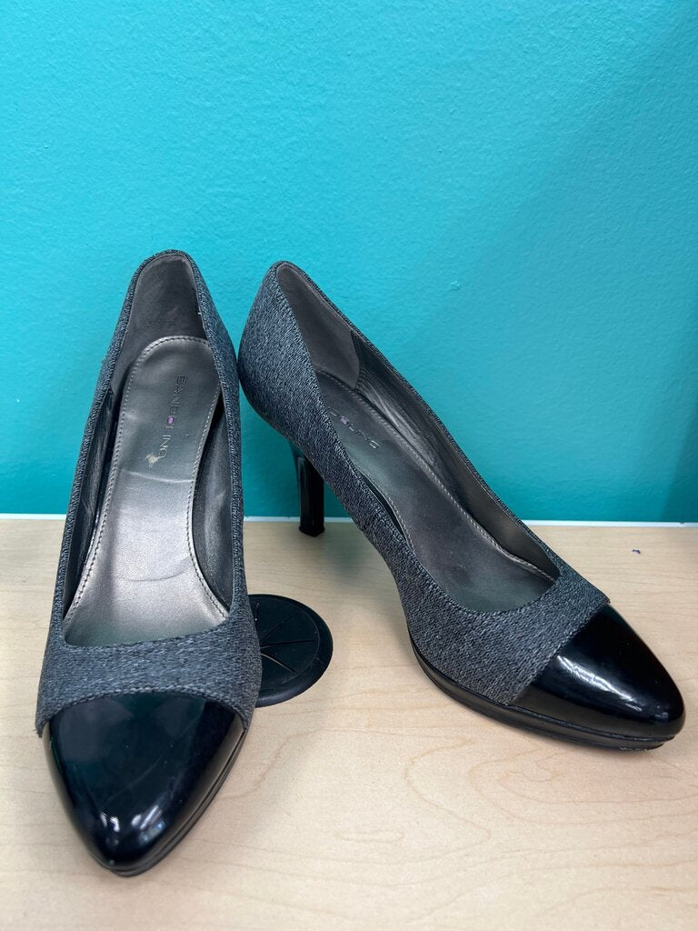 Bandolino Vine Gray Textile Black Patent Cap Toe Pumps