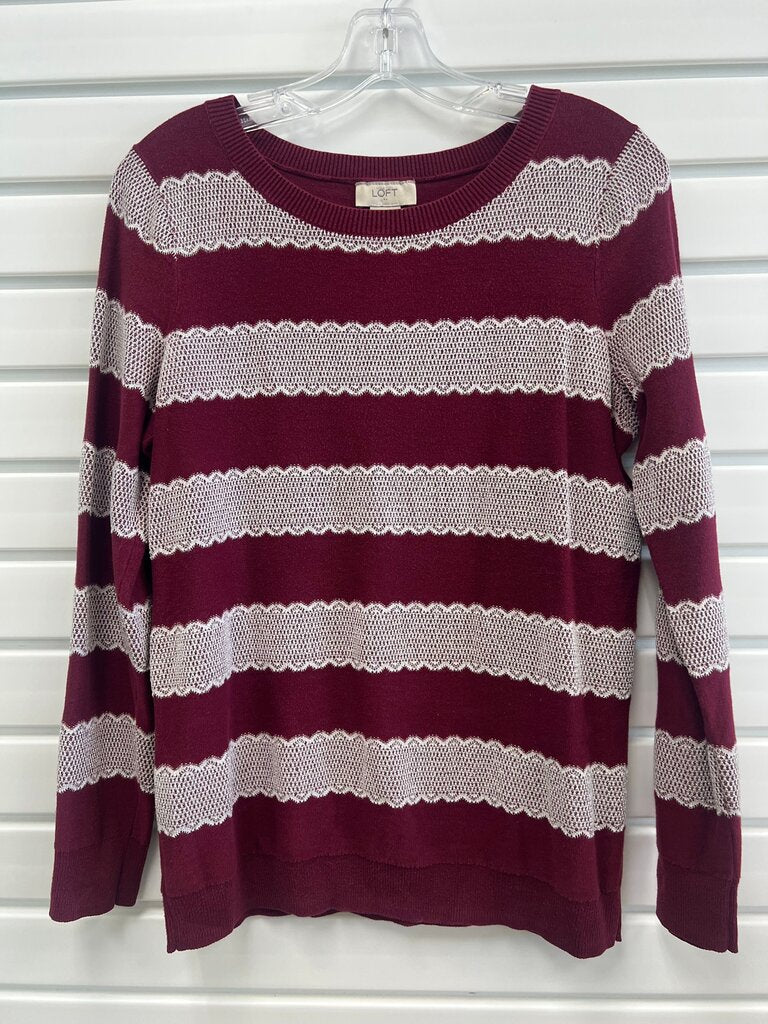 LOFT Burgundy Scalloped Lace Stripe Shimmer Crew Neck Sweater