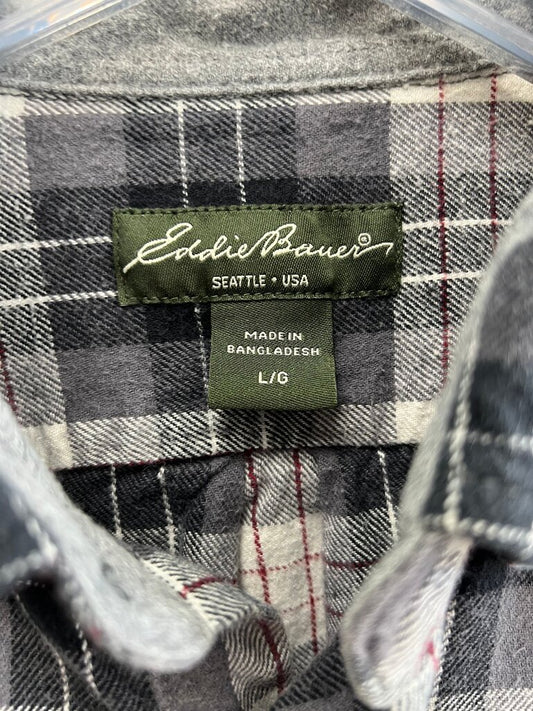 Eddie Bauer Mens Charcoal Black Gray Plaid Flannel Shirt Size L