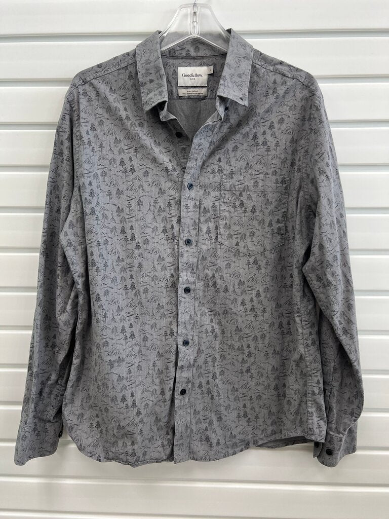 Goodfellow Mens Gray Camping Mountain Tree Print Button Down Shirt
