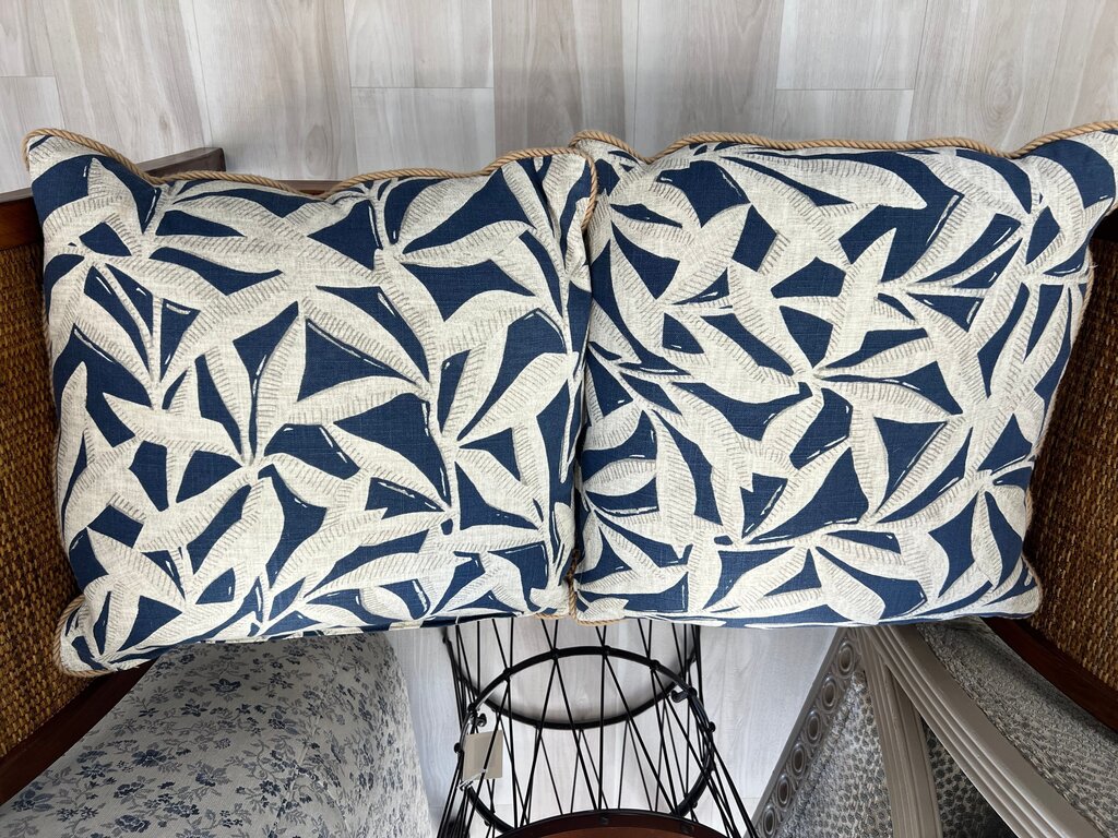Pair Navy Oatmeal Leaf Print Linen Look Throw Pillows Rope Trim