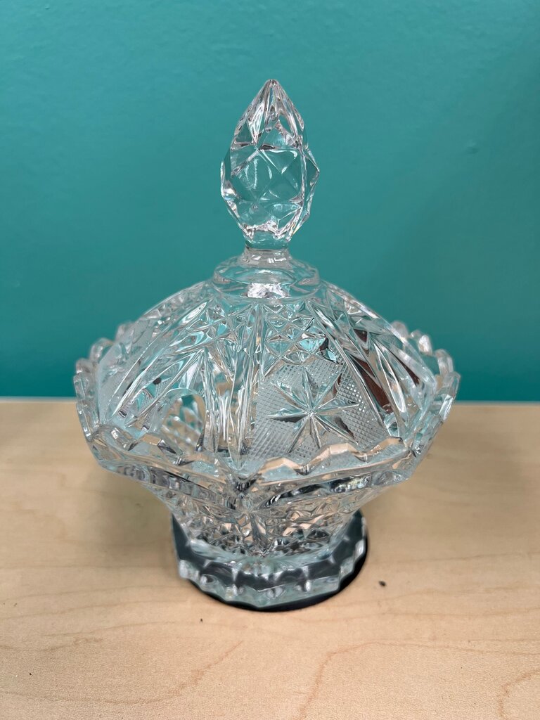 Vintage Cut Crystal Lidded Footed Candy Dish Pinwheel Star Pattern