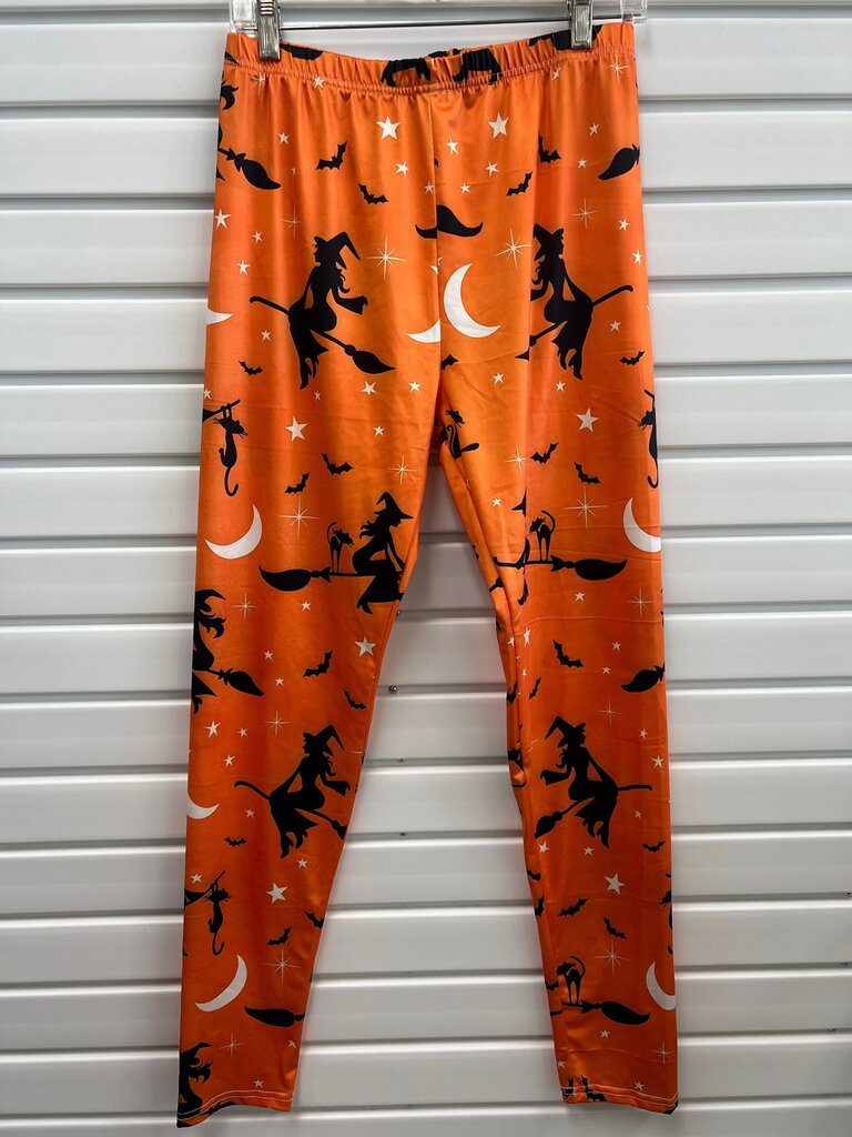 Orange Halloween Witch Black Cat Bat Moon Print Soft Leggings