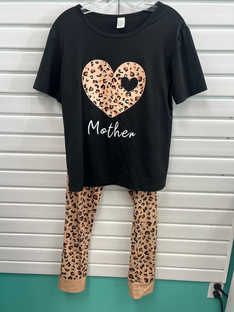 Mother Leopard Heart Graphic Tee and Jogger Pajama Lounge Set
