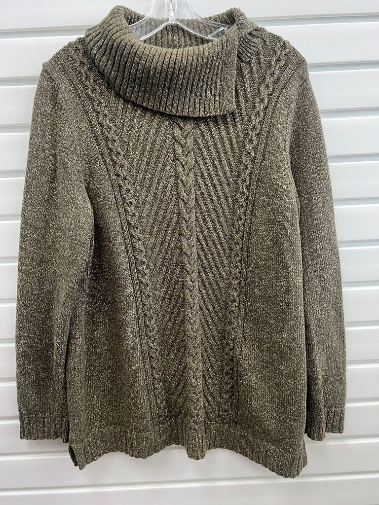 Talbots Olive Marled Cable Knit Split Cowl Neck Tunic Sweater L