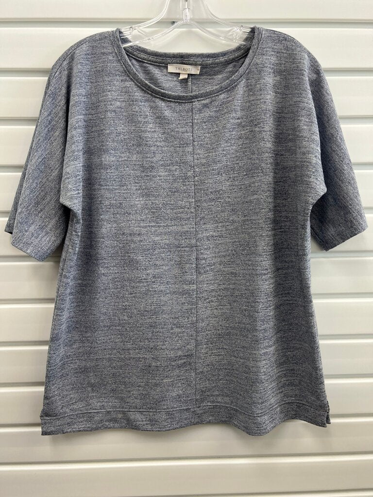 Talbots Heather Blue Gray Knit Scoop Neck Elbow Sleeve Top