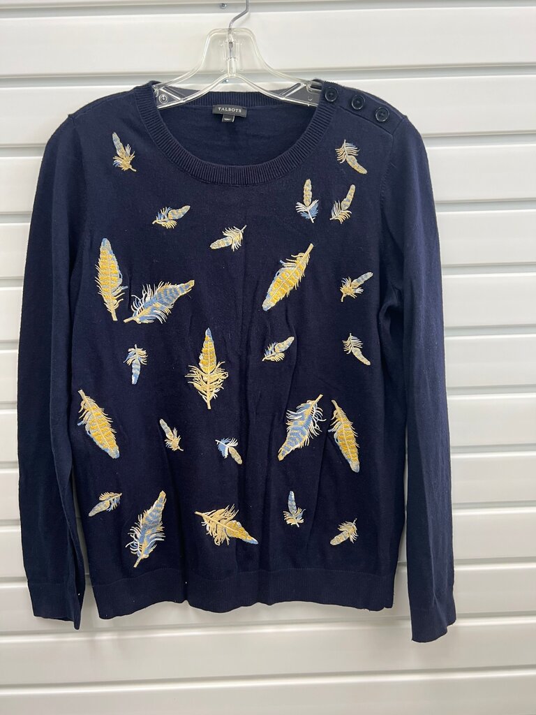 Talbots Navy Embroidered Feather Button Shoulder Crew Neck Sweater M
