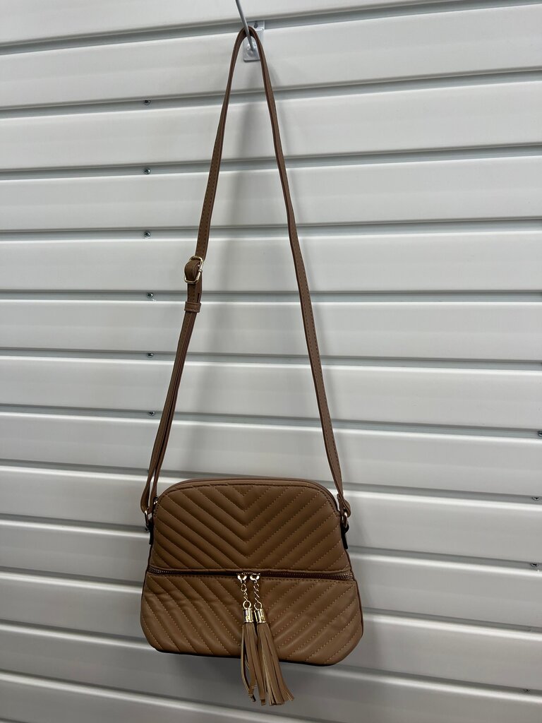 Camel Tan Chevron Quilted Vegan Leather Tassel Crossbody Bag