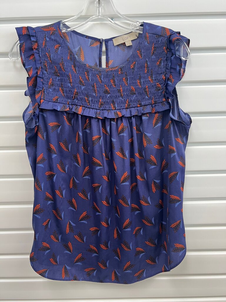 LOFT Petite Navy Leaf Print Smocked Ruffle Sleeveless Blouse MP