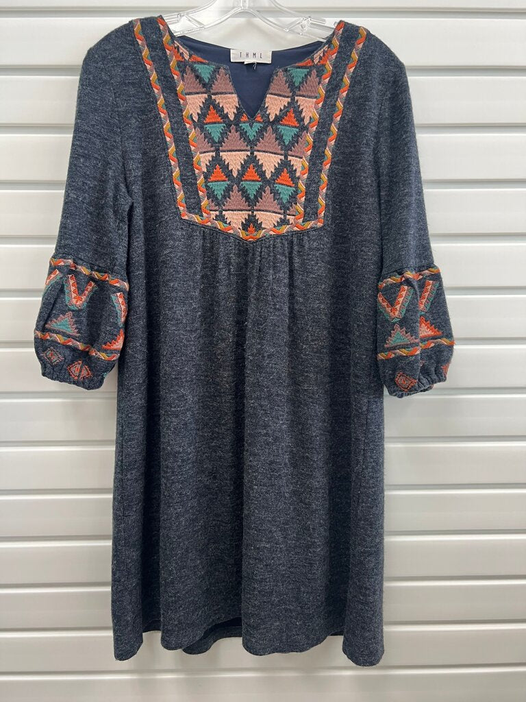THML Navy Geometric Embroidered Bib Balloon Sleeve Knit Dress M