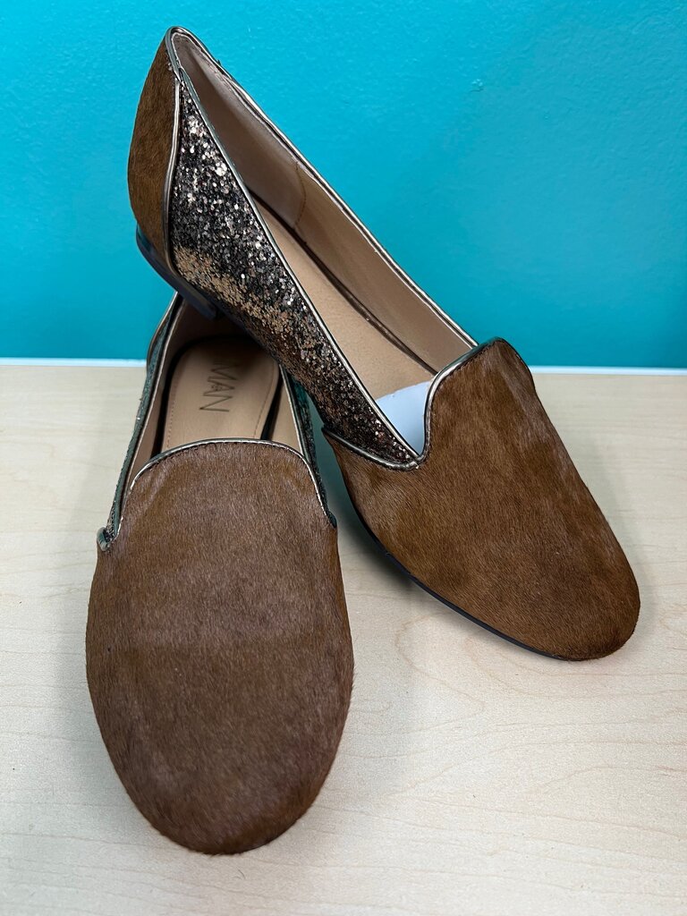 IMAN Brown Calf Hair Glitter Slipper Flats NWOB