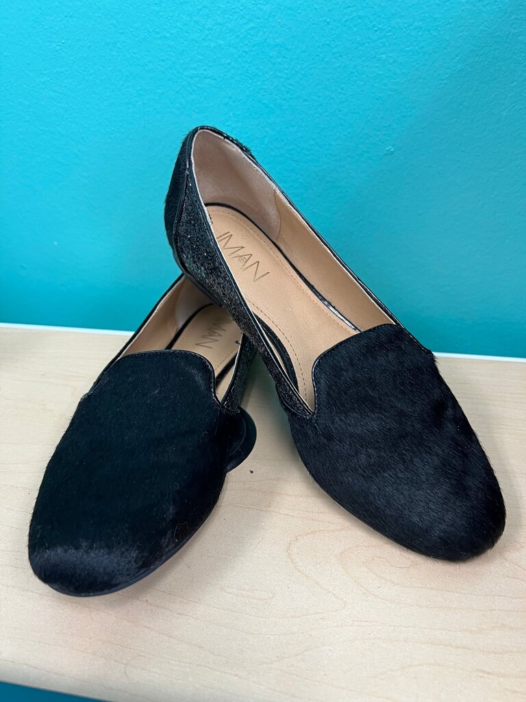 IMAN Black Calf Hair Glitter Smoking Slipper Flats NWOB 7.5