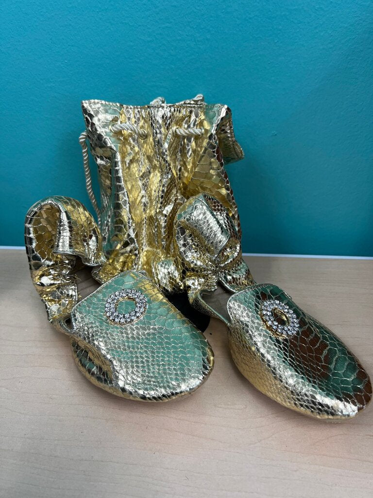 Joan Boyce Gold Snake Foldable Rhinestone Flats with Pouch Size 8