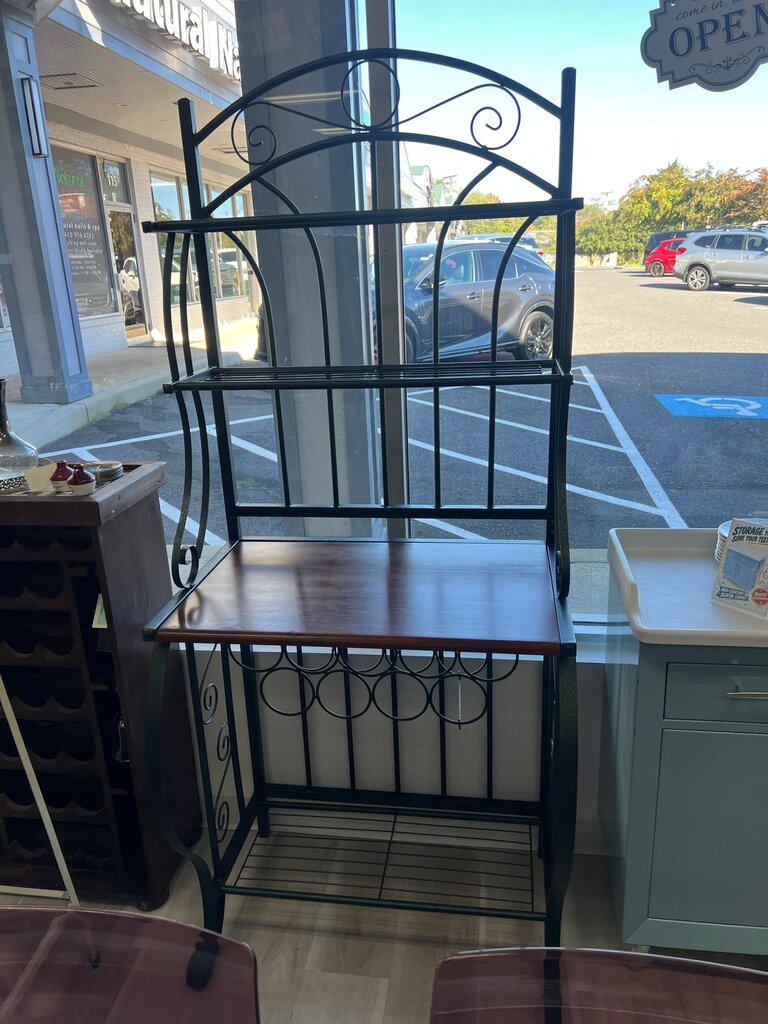 Metal Bakers Rack with Wine Storage and Wood Shelf
